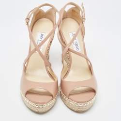 مملوكة مسبقًا Jimmy Choo Beige Leather Studded Wedge Espadrille Ankle Strap Sandals Size 40