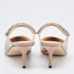 مملوكة مسبقًا Jimmy Choo Beige Patent Leather Bing Crystal Embellished Pointed Toe Mules Size 37.5