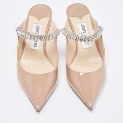 مملوكة مسبقًا Jimmy Choo Beige Patent Leather Bing Crystal Embellished Pointed Toe Mules Size 37.5