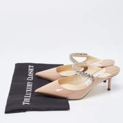 مملوكة مسبقًا Jimmy Choo Beige Patent Leather Bing Crystal Embellished Pointed Toe Mules Size 37.5