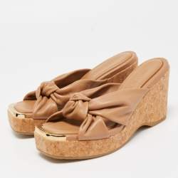 Pre Owned Jimmy Choo Brown Knotted Leather Avenue Wedge Sandals Size 38.5