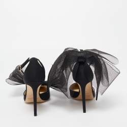 Pre Owned Jimmy Choo Black Canvas and Mesh Aveline Bow Pointed Toe Ankle Cuff Pumps Size 38.5