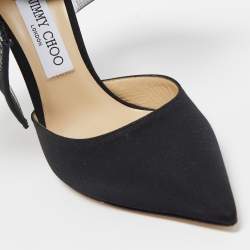 Pre Owned Jimmy Choo Black Canvas and Mesh Aveline Bow Pointed Toe Ankle Cuff Pumps Size 38.5