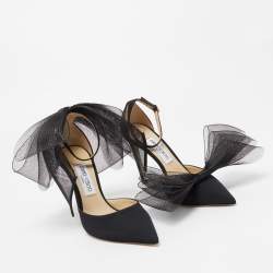 Pre Owned Jimmy Choo Black Canvas and Mesh Aveline Bow Pointed Toe Ankle Cuff Pumps Size 38.5