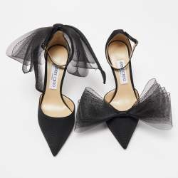 Pre Owned Jimmy Choo Black Canvas and Mesh Aveline Bow Pointed Toe Ankle Cuff Pumps Size 38.5