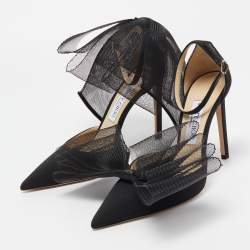 Pre Owned Jimmy Choo Black Canvas and Mesh Aveline Bow Pointed Toe Ankle Cuff Pumps Size 38.5