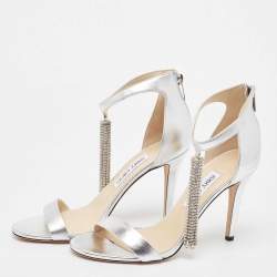 Pre Owned Jimmy Choo Silver Leather Crystal Embellished Chandelier Sandals Size 40