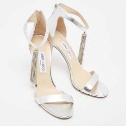 Pre Owned Jimmy Choo Silver Leather Crystal Embellished Chandelier Sandals Size 40