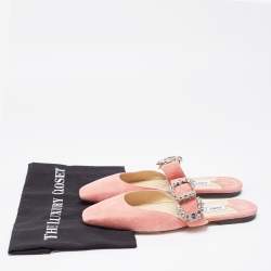 مملوكة مسبقًا Jimmy Choo Pink Suede Crystal Embellishments Mary Jane Flat Mules Size 38.5