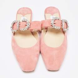 مملوكة مسبقًا Jimmy Choo Pink Suede Crystal Embellishments Mary Jane Flat Mules Size 38.5