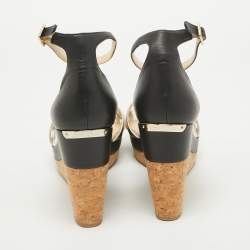 مملوكة مسبقًا Jimmy Choo Silver/Black Leather Wadge Ankle Strap Sandals Size 40