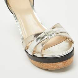 مملوكة مسبقًا Jimmy Choo Silver/Black Leather Wadge Ankle Strap Sandals Size 40