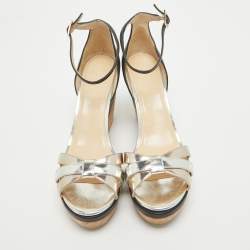 مملوكة مسبقًا Jimmy Choo Silver/Black Leather Wadge Ankle Strap Sandals Size 40