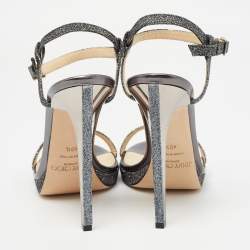 Pre Owned Jimmy Choo Grey Glitter Fabric Claudette Sandals Size 40.5