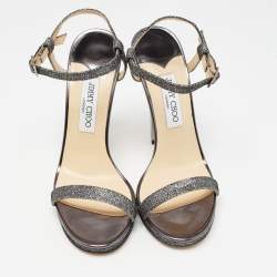 Pre Owned Jimmy Choo Grey Glitter Fabric Claudette Sandals Size 40.5