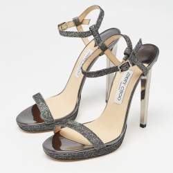 Pre Owned Jimmy Choo Grey Glitter Fabric Claudette Sandals Size 40.5