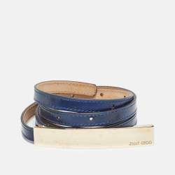 Jimmy Choo Navy Blue Patent Leather Logo Metal Slim Waist Belt 90CM
