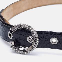 Jimmy Choo Black Croc Embossed Leather Madeline Crystals Buckle Belt 90CM