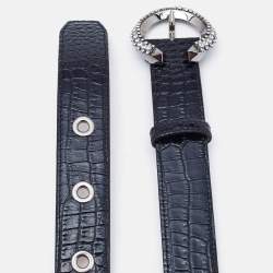 Jimmy Choo Black Croc Embossed Leather Madeline Crystals Buckle Belt 90CM