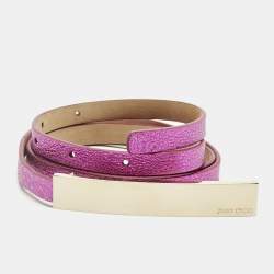 Pre Owned Jimmy Choo Metallic Pink Leather Metal Logo Waist Slim Belt 85CM