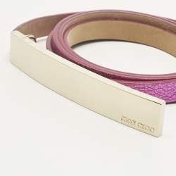 Pre Owned Jimmy Choo Metallic Pink Leather Metal Logo Waist Slim Belt 85CM