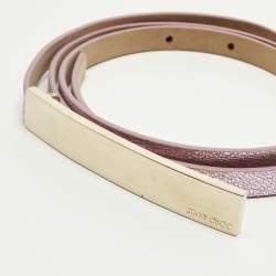 Pre Owned Jimmy Choo Metallic Pink Leather Logo Metal Slim Waist Belt 85CM