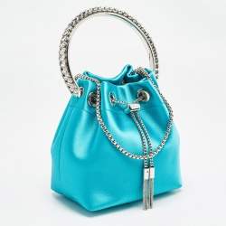 Pre Owned Jimmy Choo Aqua Green Satin Crystals Bon Bon Bucket Bag 