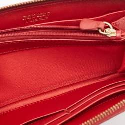 Pre Owned Jimmy Choo Red Leather Logo Zip Continental Wallet