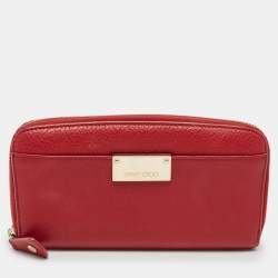 Pre Owned Jimmy Choo Red Leather Logo Zip Continental Wallet