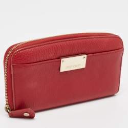 Pre Owned Jimmy Choo Red Leather Logo Zip Continental Wallet