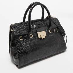 Pre Owned Jimmy Choo Black Croc Embossed Leather Rosalie Top Handle Bag