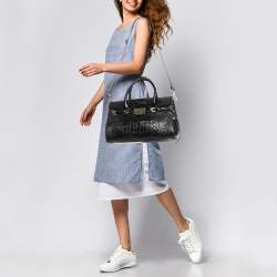 Pre Owned Jimmy Choo Black Croc Embossed Leather Rosalie Top Handle Bag