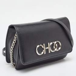Pre Owned Jimmy Choo Black Leather Logo Flap Crossbody Bag