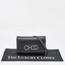 Pre Owned Jimmy Choo Black Leather Logo Flap Crossbody Bag
