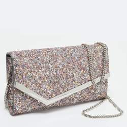 Pre Owned Jimmy Choo Pink Coarse Glitter Emmie Chain Clutch