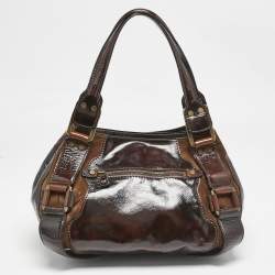 Jimmy Choo Dark Brown Patent Leather and Suede Malena Satchel