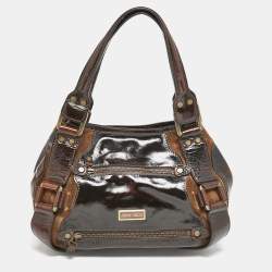 Jimmy Choo Dark Brown Patent Leather and Suede Malena Satchel