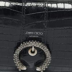 Jimmy Choo Black Croc Embossed Leather Hanne Crystals Compact Wallet