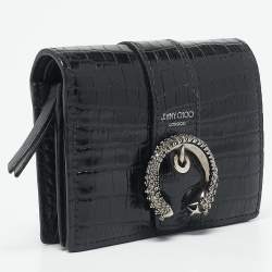Jimmy Choo Black Croc Embossed Leather Hanne Crystals Compact Wallet
