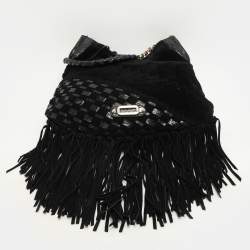 Pre Owned Jimmy Choo Black Suede and Snakeskin Fringed Tatum Hobo
