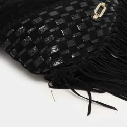 Pre Owned Jimmy Choo Black Suede and Snakeskin Fringed Tatum Hobo