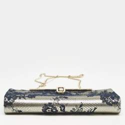 Jimmy Choo Pale Gold/Navy Blue Lace Camille and Leather Chain Clutch