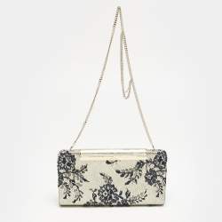 Jimmy Choo Pale Gold/Navy Blue Lace Camille and Leather Chain Clutch