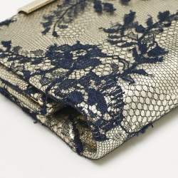 Jimmy Choo Pale Gold/Navy Blue Lace Camille and Leather Chain Clutch