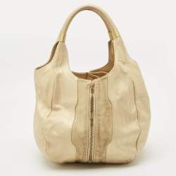 Pre Owned Jimmy Choo Beige/Gold Leather and Suede Mandah Expandable Hobo
