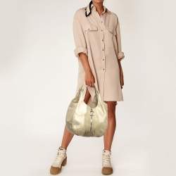 Pre Owned Jimmy Choo Beige/Gold Leather and Suede Mandah Expandable Hobo