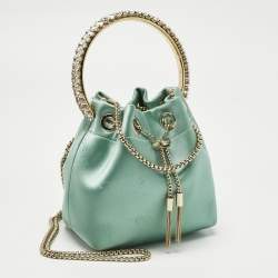 Pre Owned Jimmy Choo Mint Green Satin Crystals Bon Bon Bucket Bag 
