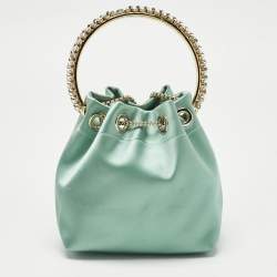 Pre Owned Jimmy Choo Mint Green Satin Crystals Bon Bon Bucket Bag 