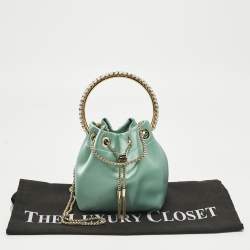 Pre Owned Jimmy Choo Mint Green Satin Crystals Bon Bon Bucket Bag 