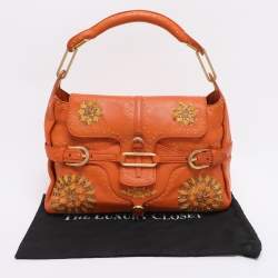 Pre Owned Jimmy Choo Orange Embroidered Leather Tulita Top Handle Bag